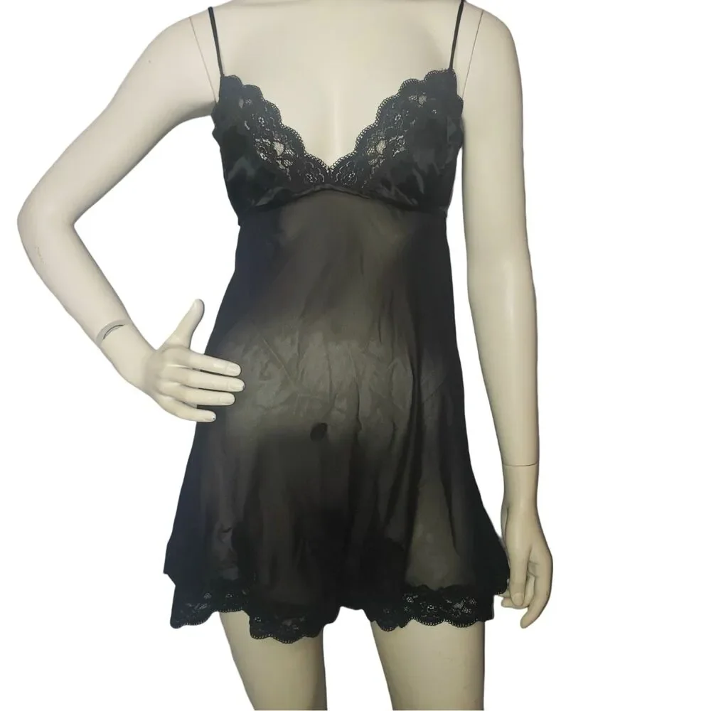 Vintage 90's Y2K VICTORIAS SECRET Sheer Black Lace Negligee Nighty Womens Medium